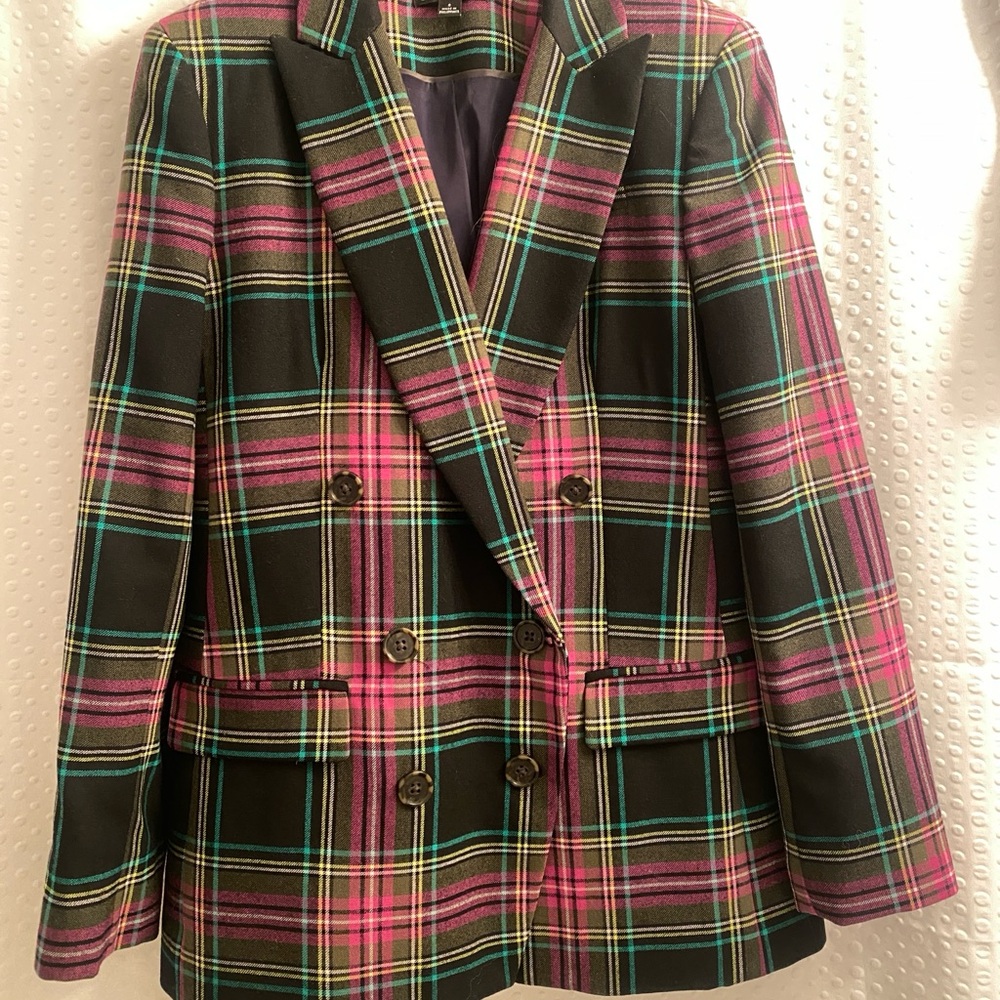 J. Crew Multicolor Plaid Blazer - Pink, Black, Green, worn once. Matching pants.